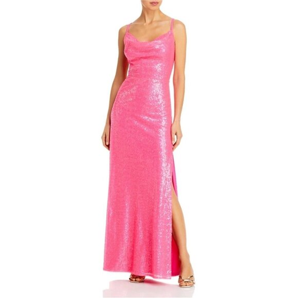 Aqua Formal Gown Womens Size M Pink Sequin Cowl Neck Floor Length Side Slit - Picture 1 of 3